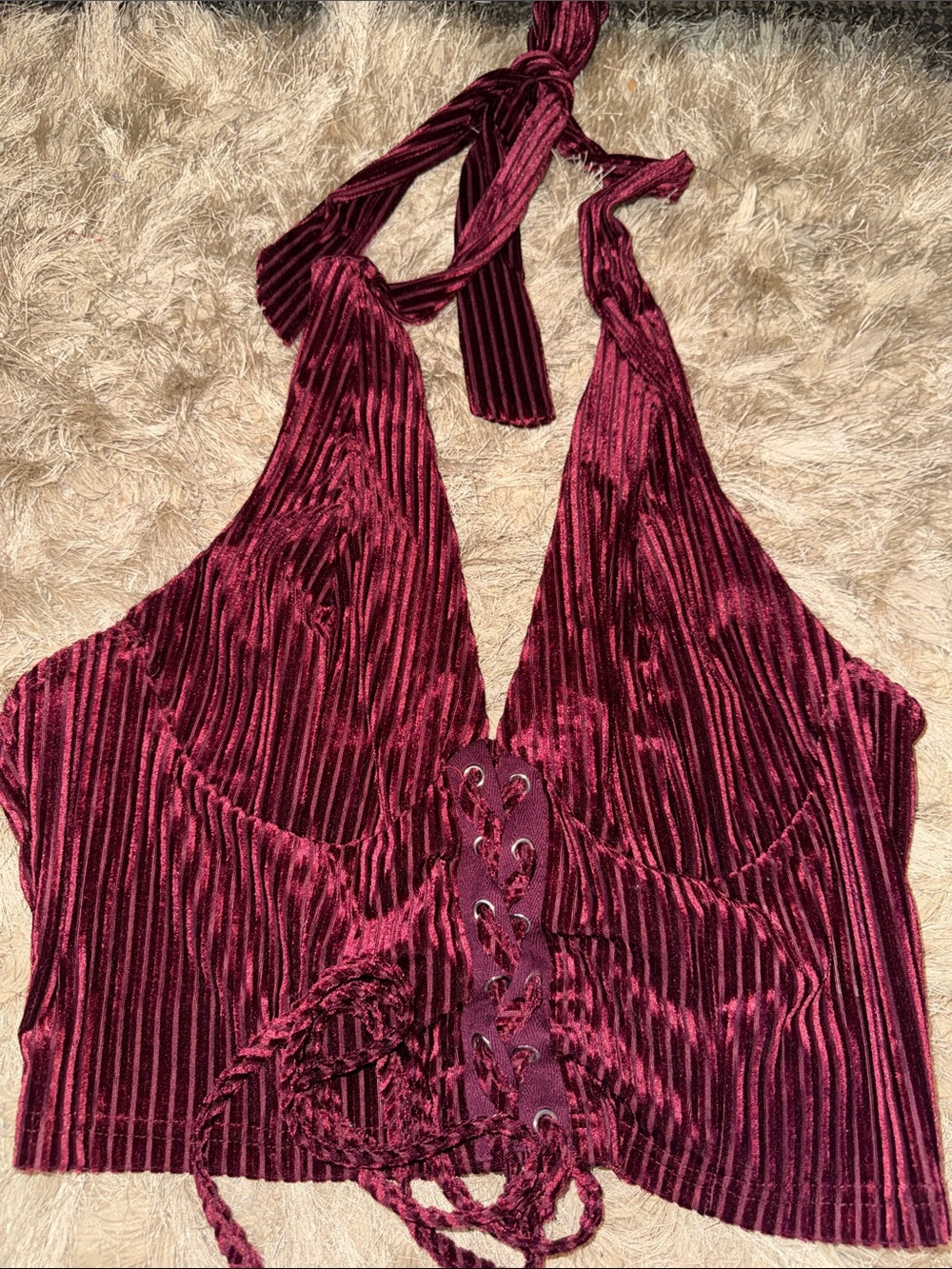 Velvet Plunge Halter Lace-Up Crop Top - Wine Burgundy